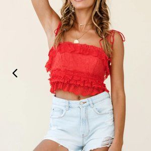 Selfie Leslie Promise Keeper String-Tie Shoulder Lace Crop Top Red